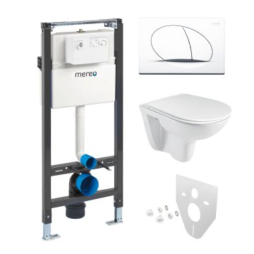 Mereo WC set - Rimless WC oblé, modul pro sádrokarton, bílé oválné tlačítko