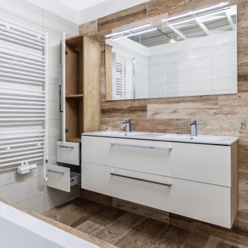 Mereo Bino, koupelnová skříňka vysoká 163 cm, levé otevírání, bílá, bílá/dub