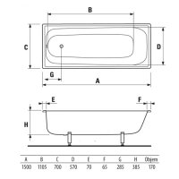 Jika Riga vana smaltovaná 150x70 cm, bez noh, H2340500000001