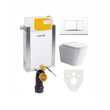 Mereo WC set - Rimless WC hranaté, modul pro zazdění, bílé hranaté tlačítko