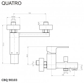 Mereo Vanová nástěnná baterie, Quatro, bez příslušenství, 150 mm, chrom