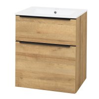 Mereo Mailo, koupelnová skříňka s keramickým umyvadlem 61 cm, dub Riviera, černé madlo