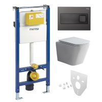 Mereo WC set - Smart flush rimless WC hranaté, modul pro sádrokarton, černé hranaté tlačítko