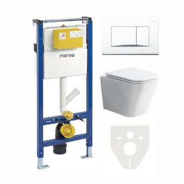 Mereo WC set - Rimless WC hranaté, modul pro sádrokarton, bílé hranaté tlačítko