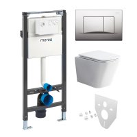 Mereo WC set - Rimless WC hranaté, modul pro sádrokarton, chrom hranaté tlačítko matné
