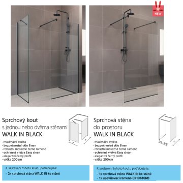 Mereo Sprchová stěna WALK IN, Novea, black ALU, sklo Čiré