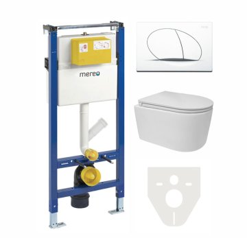 Mereo WC set - Rimless WC oblé, modul pro sádrokarton, bílé oválné tlačítko