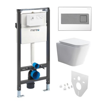 Mereo WC set - Rimless WC hranaté, modul pro sádrokarton, hranaté tlačítko bílá/chrom