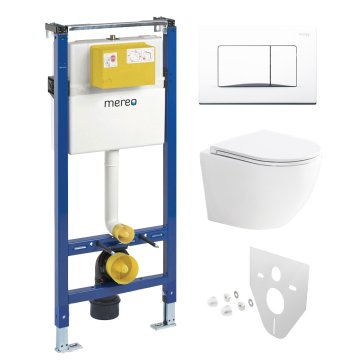 Mereo WC set - Smart flush rimless WC oblé, modul pro sádrokarton, bílé hranaté tlačítko