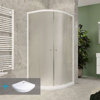 Mereo Sprchový set z Kory Lite, čtvrtkruh, 90 cm, bílý ALU, sklo Grape a vysoké SMC vaničky