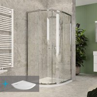 Mereo Sprchový set z Kory Lite, čtvrtkruh, 90 cm, chrom ALU, sklo Čiré a nízké SMC vaničky