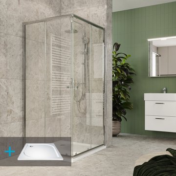 Mereo Kora Lite sprchový set: sprchový kout 90x90x185cm, chrom ALU, sklo čiré, 90 cm, vanička, sifon
