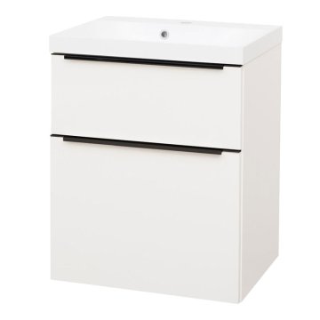 Mereo Mailo, koupelnová skříňka s umyvadlem z litého mramoru 61 cm, bílá, mat, černé madlo
