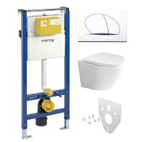 Mereo WC set - Rimless WC oblé, modul pro sádrokarton, bílé oválné tlačítko