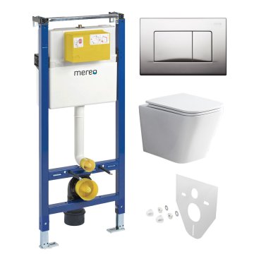Mereo WC set - Rimless WC hranaté, modul pro sádrokarton, chrom hranaté tlačítko matné