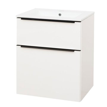 Mereo Mailo, koupelnová skříňka s keramickým umyvadlem 61 cm, bílá, mat, černé madlo