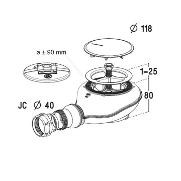 Sifon pro sprchové vaničky Turboflow 2 s vylisovaným těsněním, o 90 mm