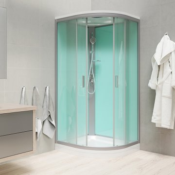 Mereo Sprchový box, čtvrtkruh, 100cm, satin ALU, sklo Point, zadní stěny zelené, litá vanička, se stříškou