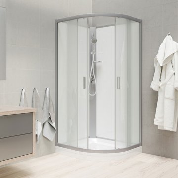 Mereo Sprchový box, čtvrtkruh, bez stříšky, s vaničkou R550, satin ALU, sklo Point, zadní stěny bílé