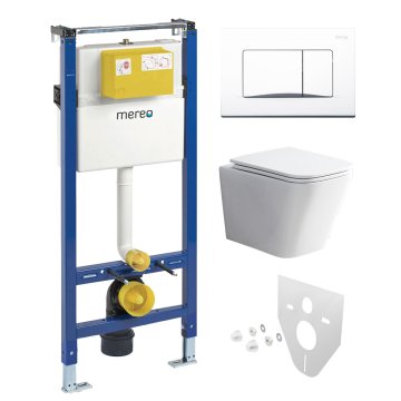 Mereo WC set - Rimless WC hranaté, modul pro sádrokarton, bílé hranaté tlačítko
