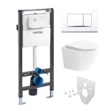 Mereo WC set - Smart flush rimless WC oblé, modul pro sádrokarton, bílé hranaté tlačítko